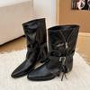 Pants heightened medium boots trendy belt buckle short boots large size pointed tip fashionable new zipper travel