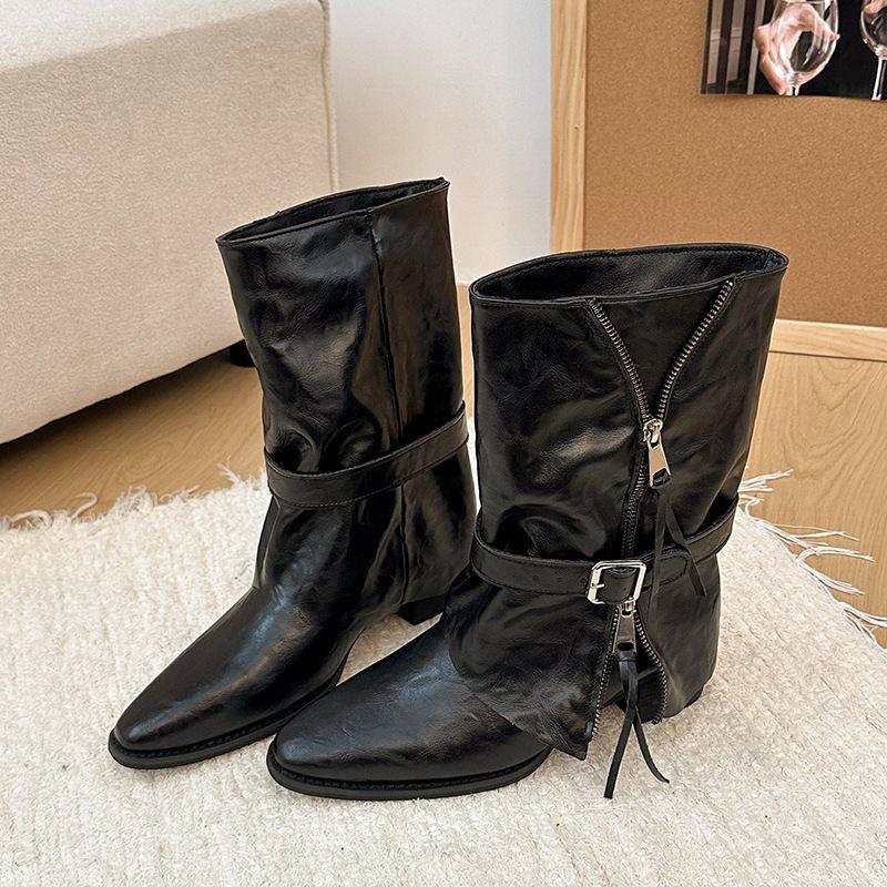 Pants heightened medium boots trendy belt buckle short boots large size pointed tip fashionable new zipper travel