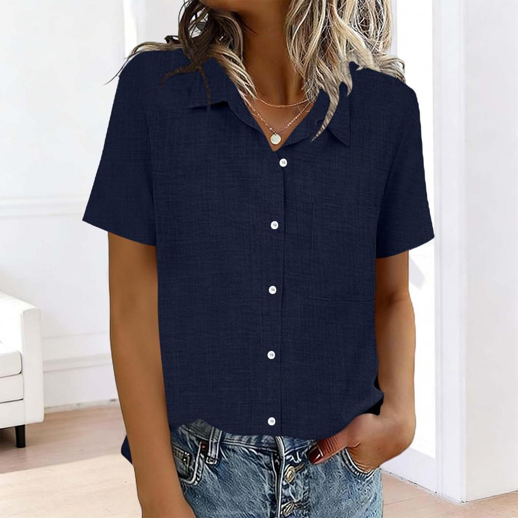 Women's Fashion  Color Standing Collar Short Sleeve Button-Up Shirt T-Shirt Top