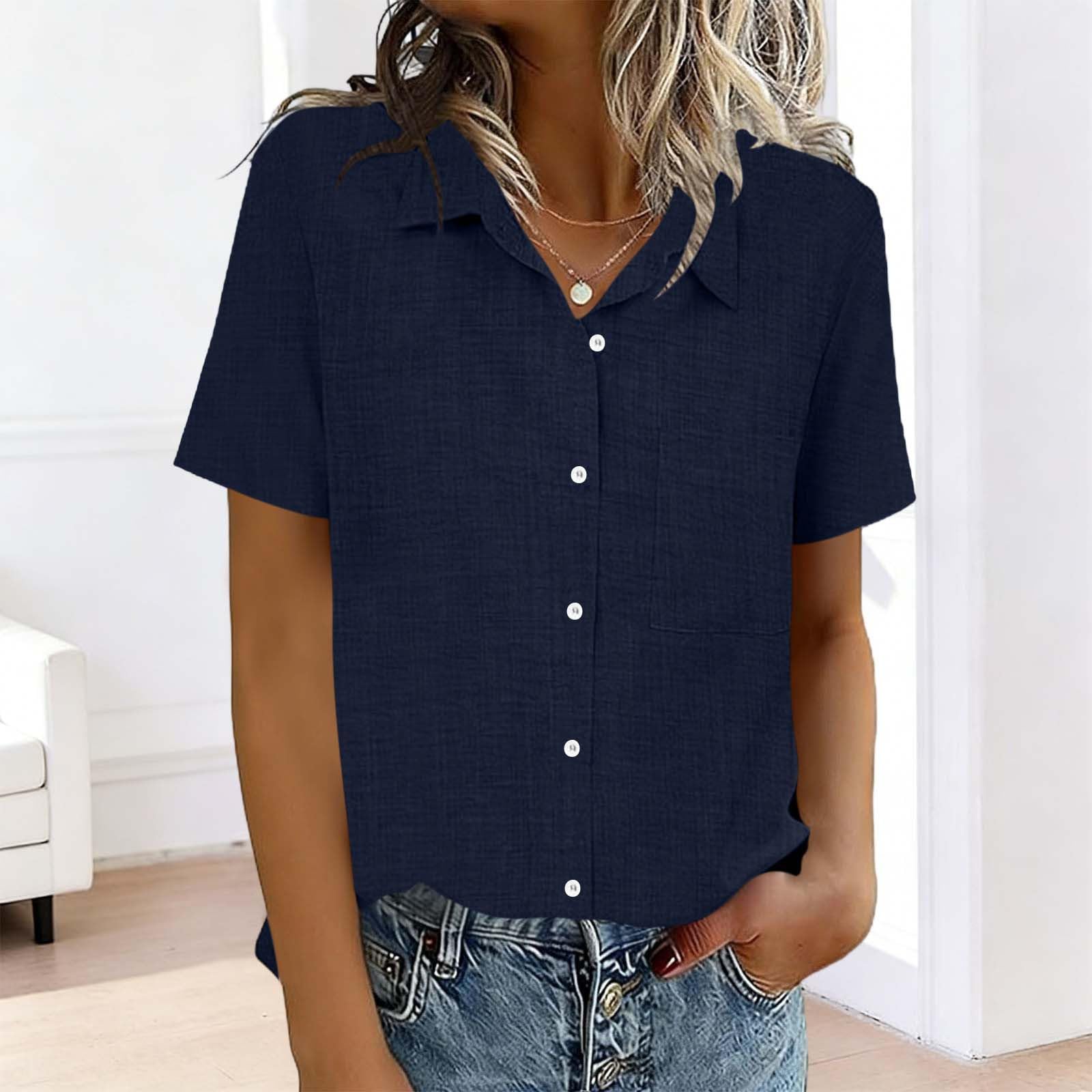 

Women s Fashion Color Standing Collar Short Sleeve Button-Up Shirt T-Shirt Top XXL Темно-синій
