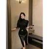 Adult Lady Like Woman Style Suit Black Graceful Half Sleeve T-shirt Women's Autumn Slit Sheath Skirt Skirt Flattering Figure Two-piece Set