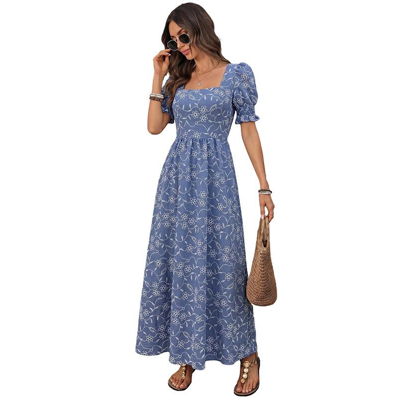 New fresh idyllic long dress square neck bubble sleeve flower dress women