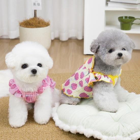 Cute Strawberry Pattern Dog Dress Ruffle Sleeveless Princess Dress with Bow Summer Breathable Puppy Outfit for Small Dogs Cats