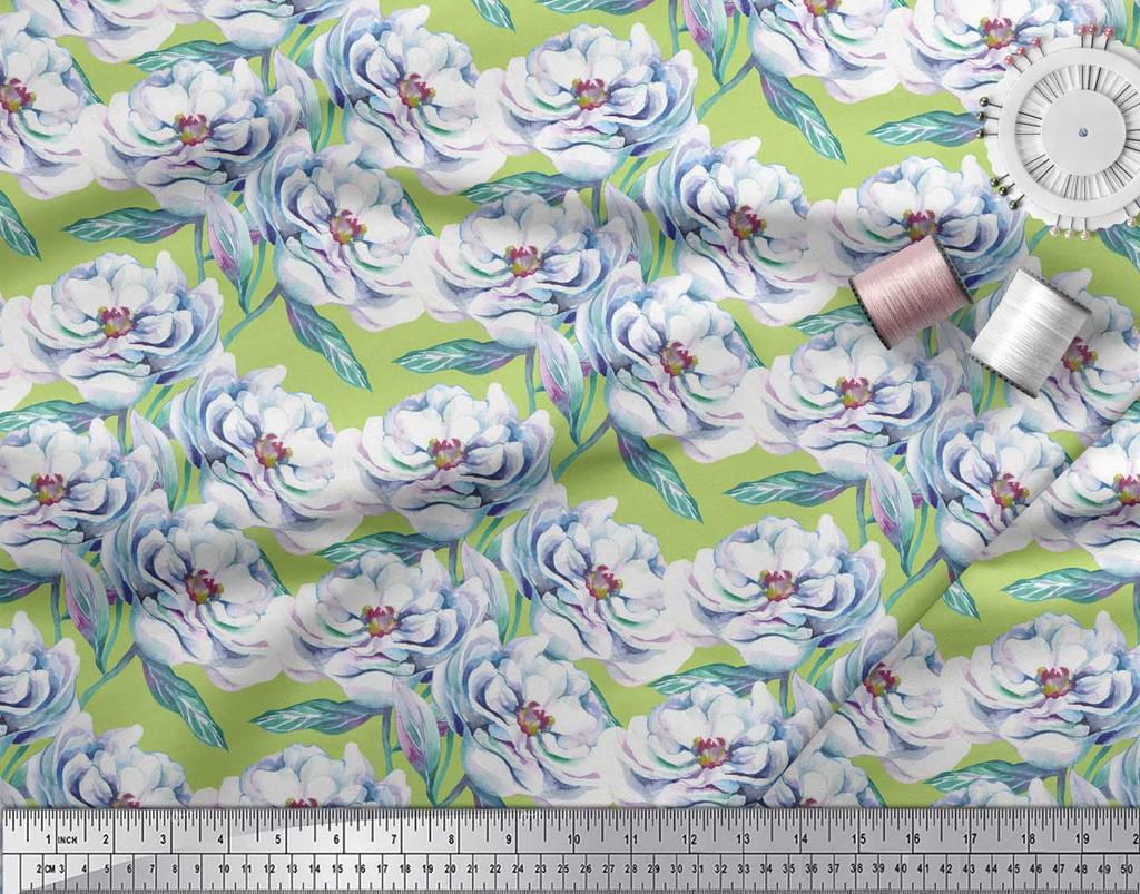 Soimoi Green Japan Crepe Satin Fabric Leaves & Blooming Camellias Floral Print Sewing Fabric Metre 42 Inch