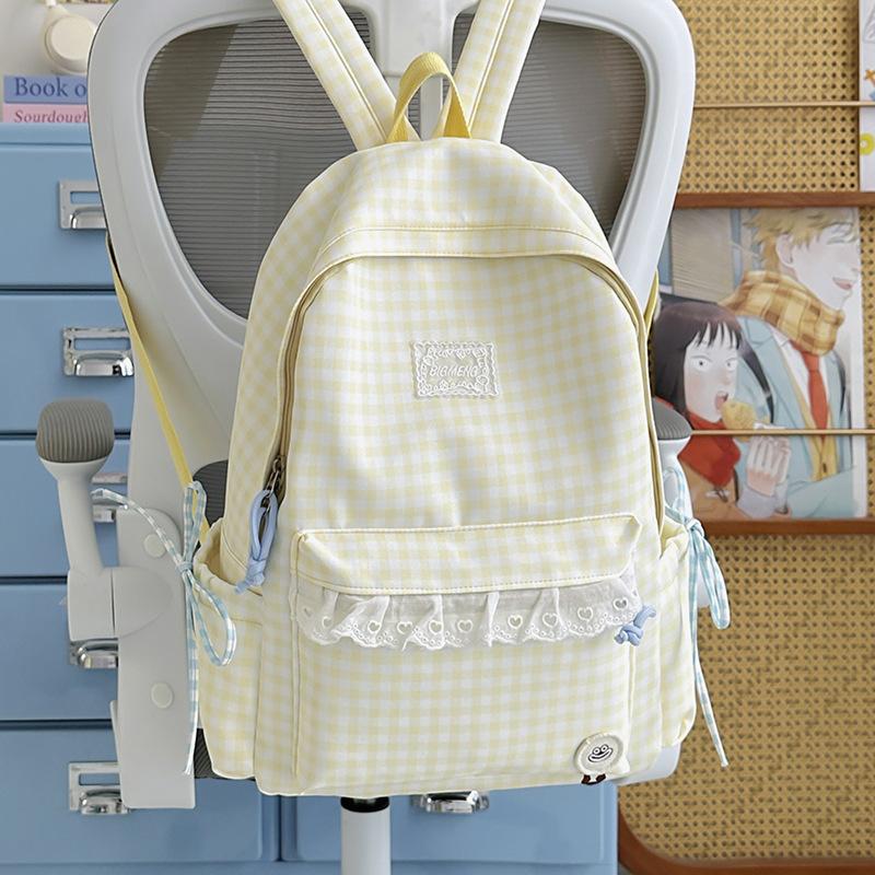 Schoolbag Korean fresh plaid corrugated backpack girl heart lace small schoolbag girls junior high school students female commuter bag