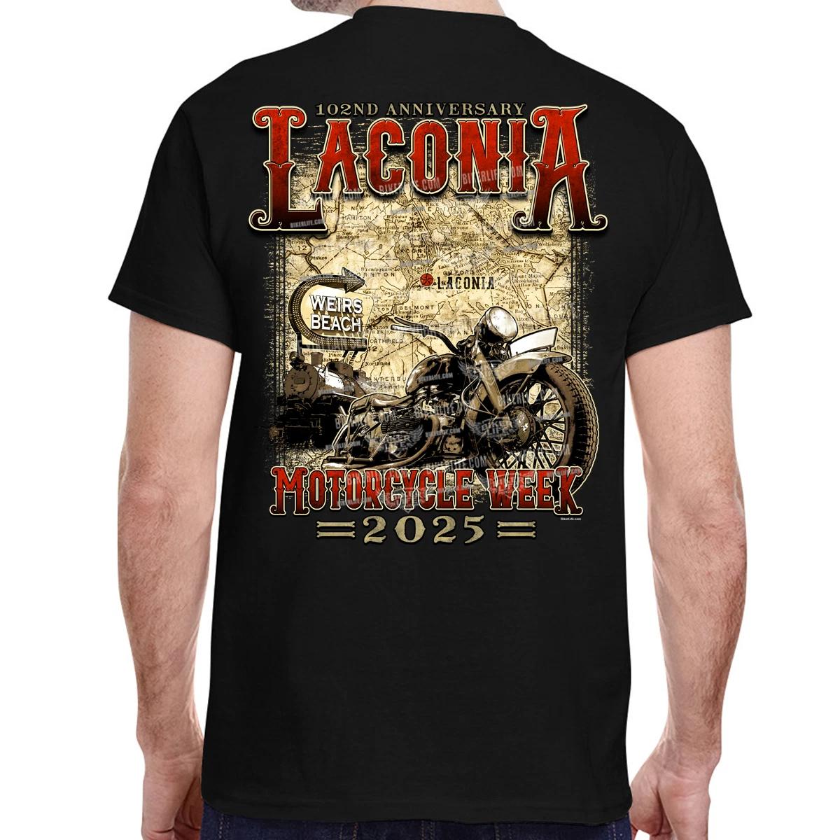 2025 Laconia Motorcycle Week Vintage Map T-Shirt No Harley XXL