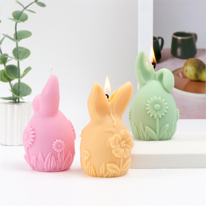 3D Easter Bunny Egg with Flowers Silicone Candle Mold DIY Rabbit Ear Round Egg with Daisy Hibiscus Flowers Candles Gypsum Crafts