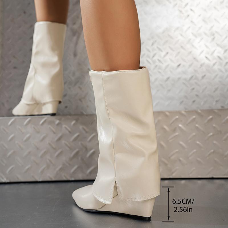 Fashion Fashion Wedge Heel Mid Calf Boots Women Autumn Winter Small Square Toe Fold Over Boots Woman Slip On PU Leather Botas Mujer 2025