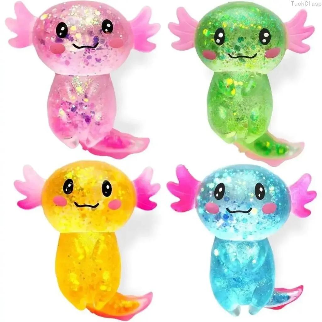 4Pcs Glitter Axolotl Squishy Toys, Cute Malt Sugar Texture, Soft Stress Relief Fidgets for Kids & Adults