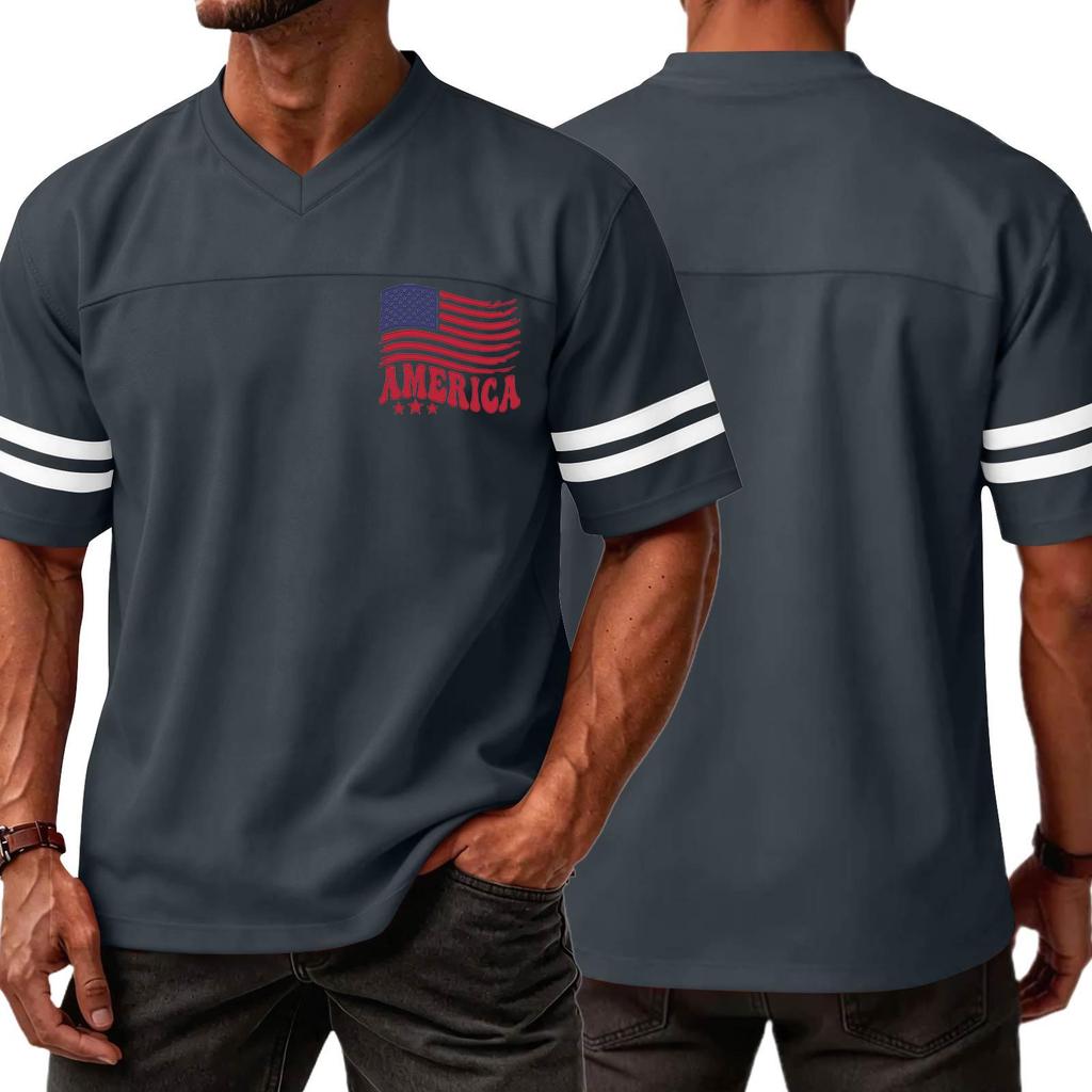 Men V Neck Short Sleeve Casual Sports T Shirt with Independence Day Print and Striped Sleeves for Everyday Wear