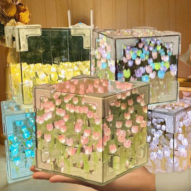 Handmade DIY Tulip  Cube Lamp Simulation Flower Bedroom Sleeping Table Night Light Birthday Gift