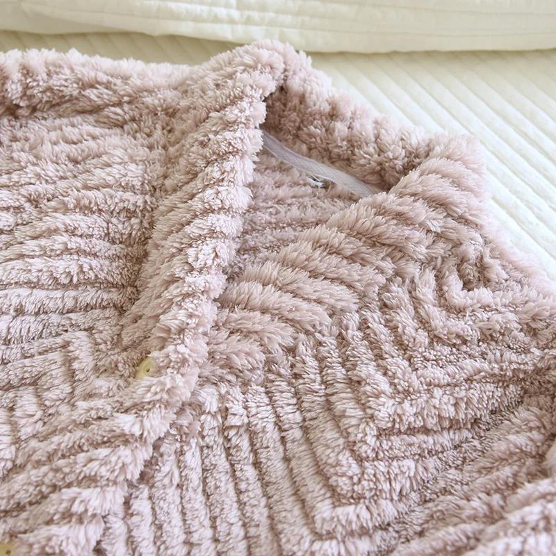 Autumn Winter Flannel Nightwear Set V-Neck Plush Thickened Coral Plush Solid Color Home Fur Long Sleeve Pants Two Piece Set