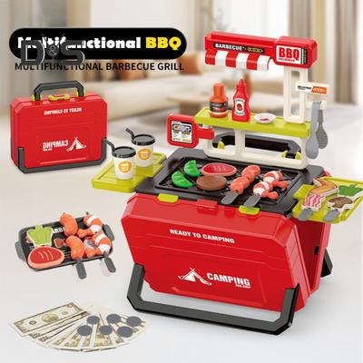 Kids BBQ Grill Playset Set Pretend Play House Toys with Skewerable Ingredients Realistic Barbecue Plate for Meat Vegetables Seafood Outdoor Barbecue