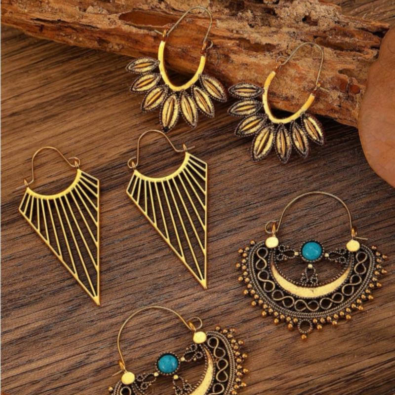 Vintage Boho Hollow Floral Hoop Earrings for Women Geometric Retro Earring Party Jewelry Gifts