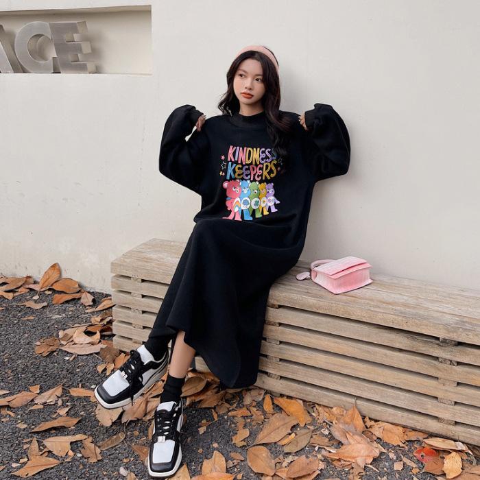 

YYFS Женская мода Осень Зима Длинный рукав Круглый вырез Свободная талия Повседневные платья Size: One Size чёрный