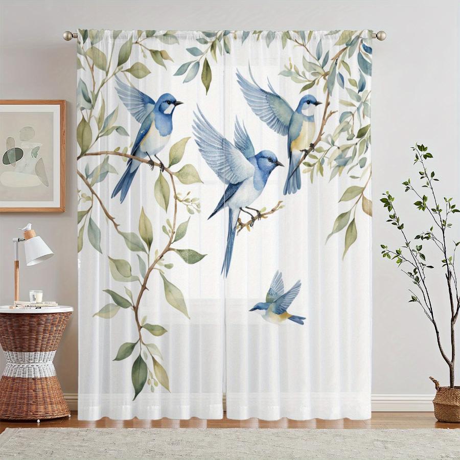 2PCS Digital Printed Sheer Curtain, Summer Blue Bird Print, Bright Seasonal Nature Garden for Living Room Bedroom Home Decor