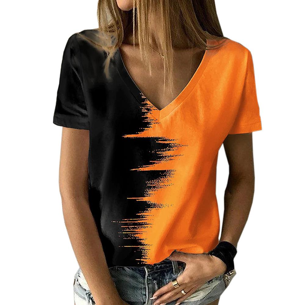 2024 New European and American Multi Color Gradient 3D Printed Women's Short Sleeved Fashion V-neck T-shirt Women's Clothing