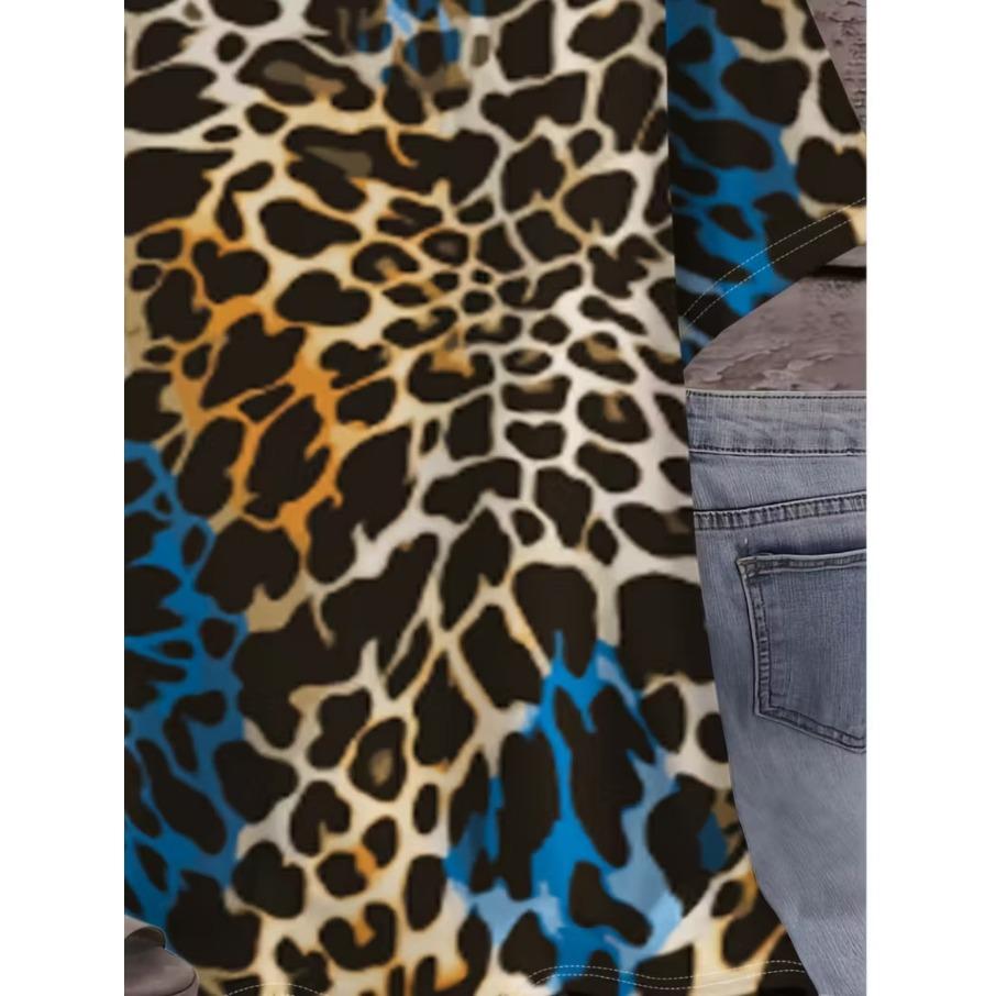XL-7XL Plus Size Women's Men Leopard Casual 3D Print Loose V Neck Short Sleeved T-shirt Top