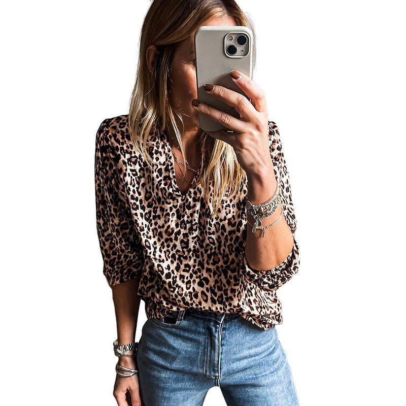 American Shiying Retro All-Match V neck pullover Women 2025 Summer New Leopard Print Print Half Sleeve T-shirt Women
