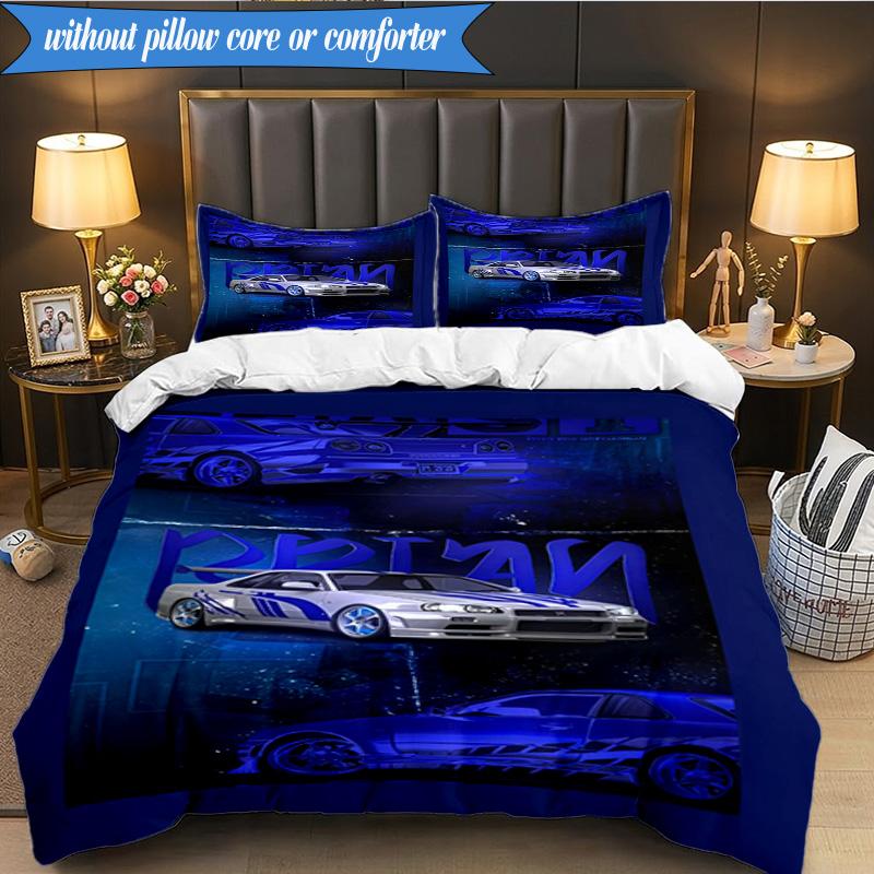 3PCS Skyline Blue Racing Spirit Speed Style Bedding Set 2D Printing (Includes 1 Duvet Cover + 2 Pillowcases Coreless), Bedroom decor,Fan gift