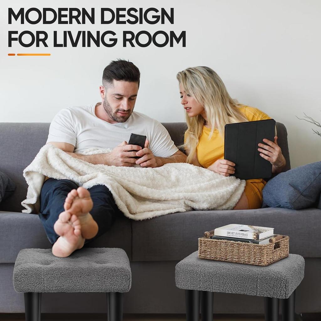 Small Ottoman Foot Rest with Legs, Teddy Velvet Foot Stool for Office, Living Room, Dorm, Bedroom | Grey