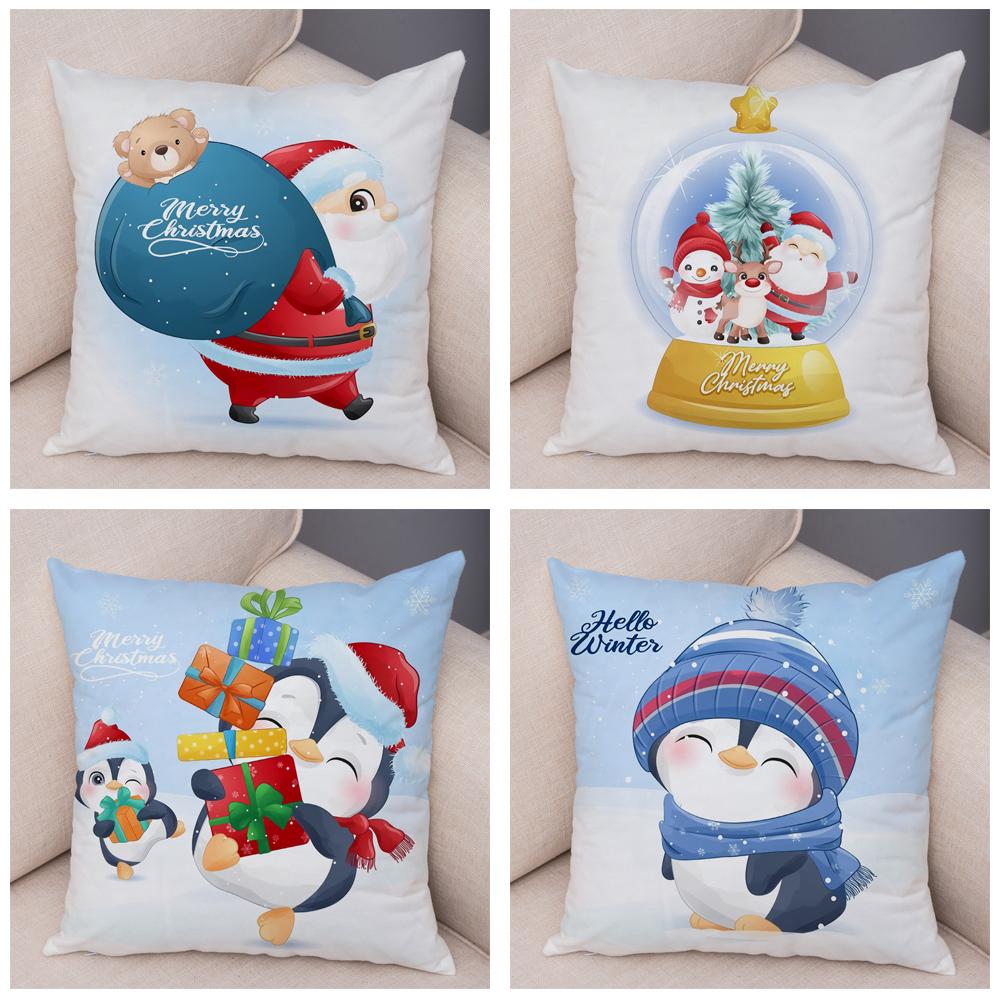 Cartoon Santa Claus Little Penguin Pillowcase Sofa Kids Room Decoration Merry Christmas  Deer Cushion Cover 45x45cm