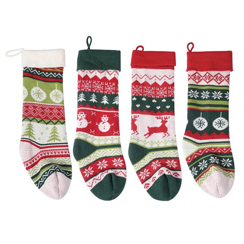 Christmas Stocking Gift Bags Kids Holiday Decor Snowman Tree Reindeer Snowflake Knit Socks