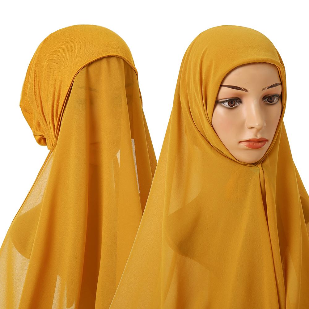 Bubblig Tung Chiffong Hijab Med Hätta Elastisk Snöre Fri Användning Stil Hijabs Enfärgad Sjal För Muslimer Håltagningfri Turban
