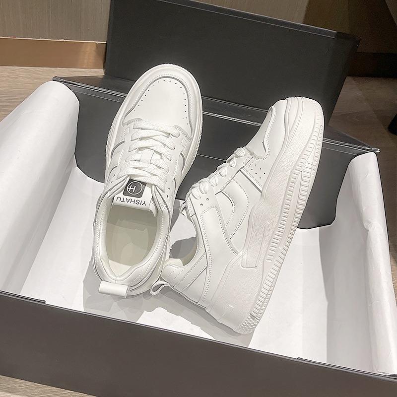 Leather little white shoes women's spring lace-up round head thick-soled versatile casual shoes board shoes women