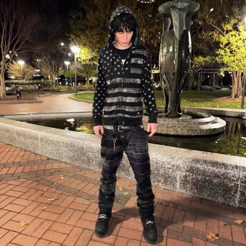 Vintage Punk Star Striped Zip Hoodie Loose Fit Streetwear Men Women