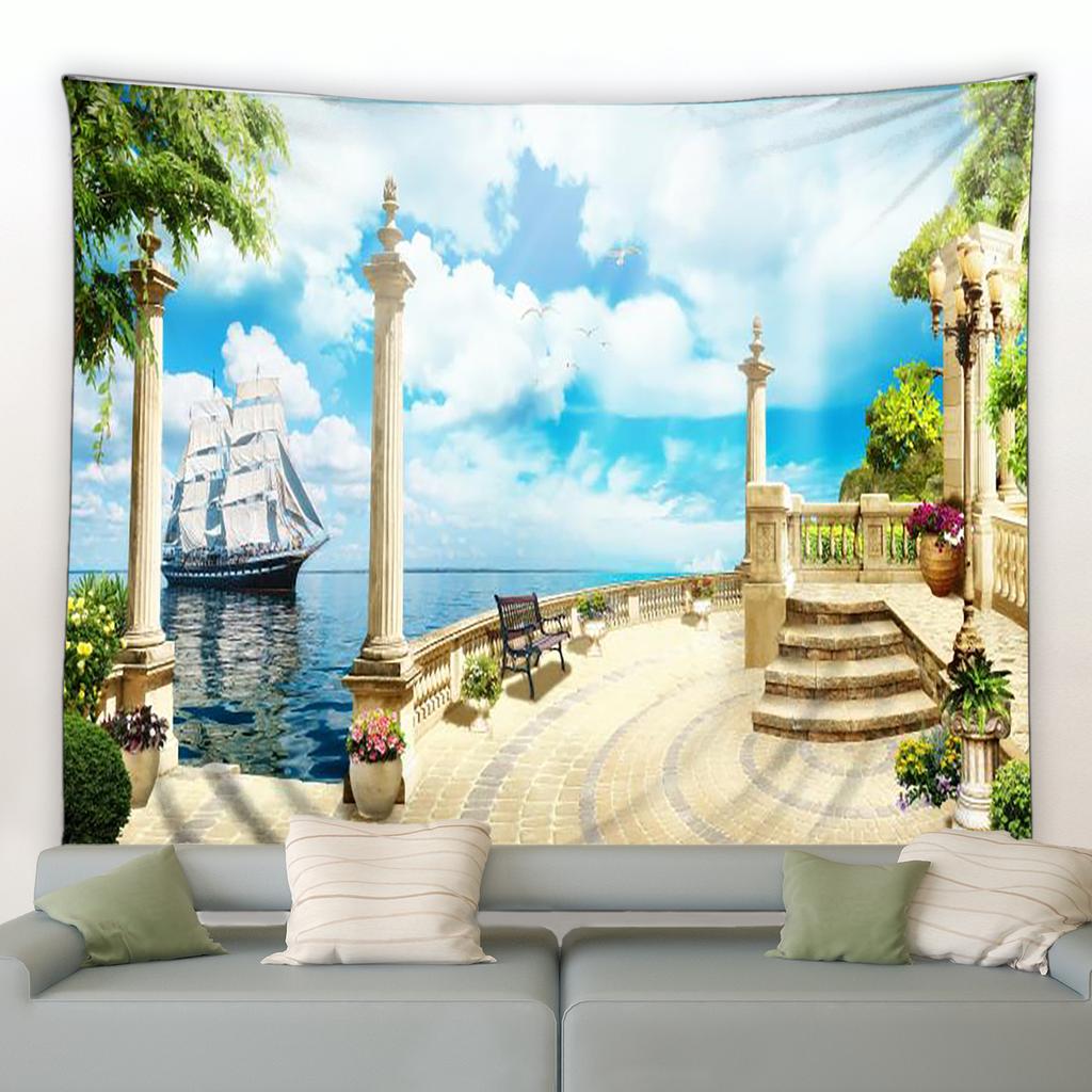 European Seaside Town Flower Tapestry Retro Italian Architecture Plant Scenery Wall Hanging Living Room Room Home Decoration