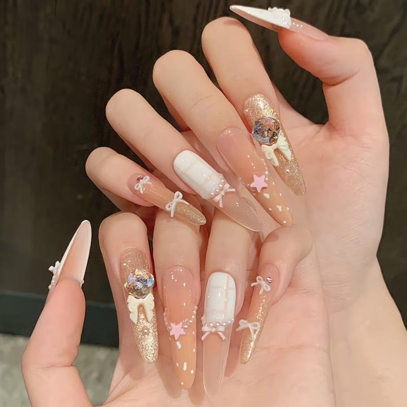 Sweetheart Bow Handmade French Manicure Plaid Cat Eye Nails - High-End Whitening New Style