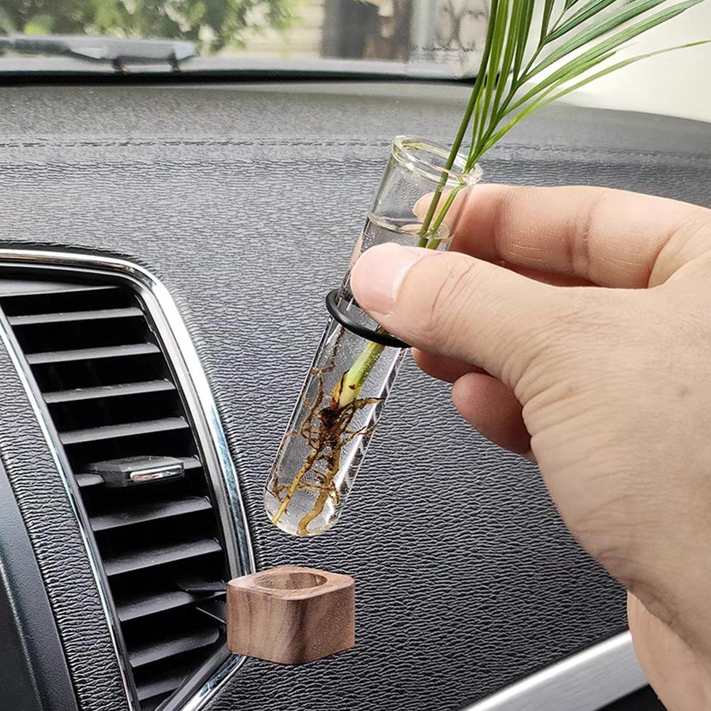 Wood Car Hydroculture Flower Vase Glass with Clip Air Vent Test Tube Flower Holder For Car Interior Plant Decor