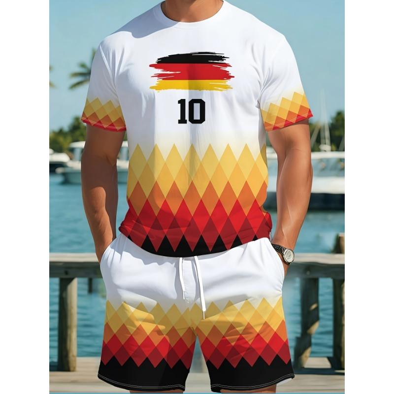Men s Digital Print Crew Neck Football Set, German Team Brushstroke Diamond Check Print Set, Casual Sportswear S
