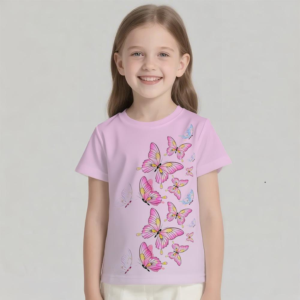 Children's T-shirt Short Sleeved T-shirt Gradient Butterfly Girl's Shirt Top T-shirt Children's T-shirt Round Neck Girl's Shirt
