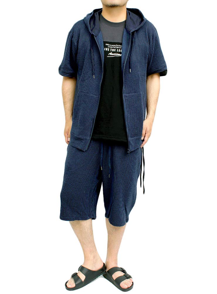 

One Colors Men s Plus Size Seersucker Zip-Up Hoodie and Shorts Set, Navy (Short Sleeves), Size 3L