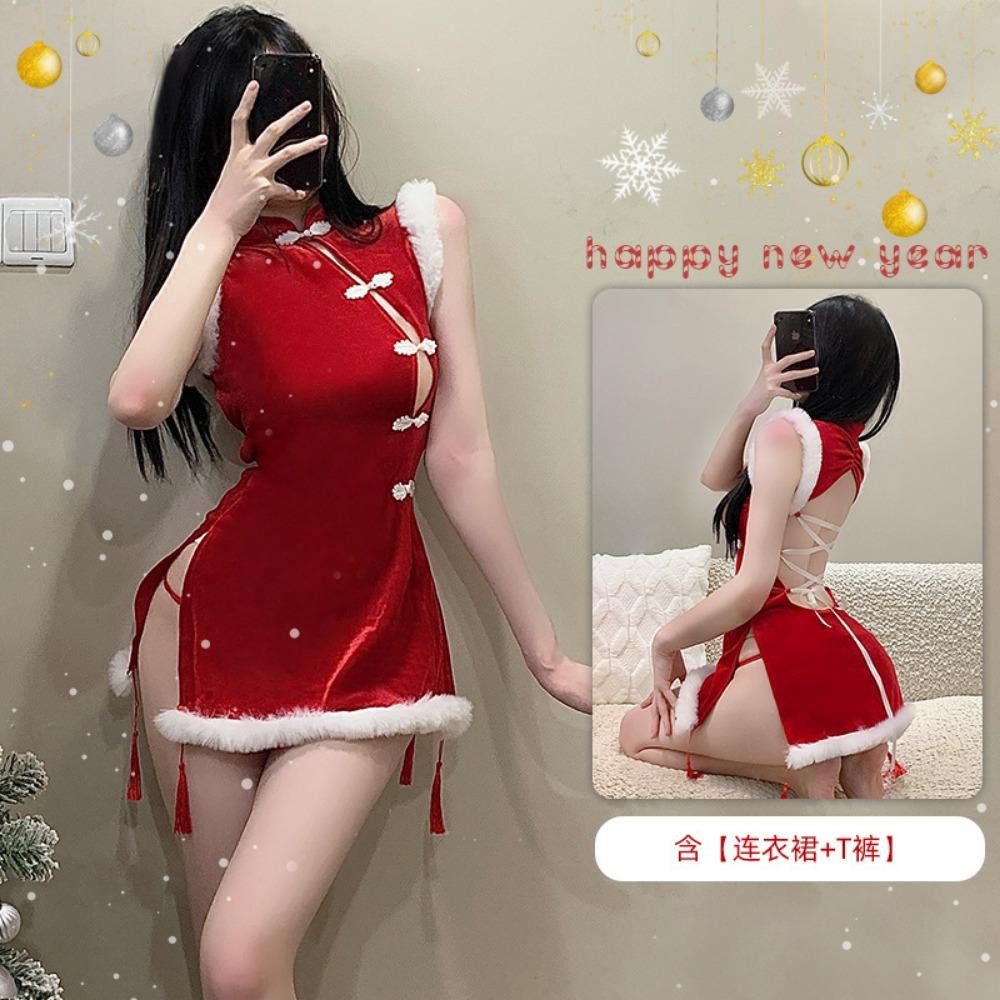 Xianyi Erotic Underwear Pure Desire Christmas Uniform Sexy Passion Free Breast Cheongsam New Year's Robe Set S5