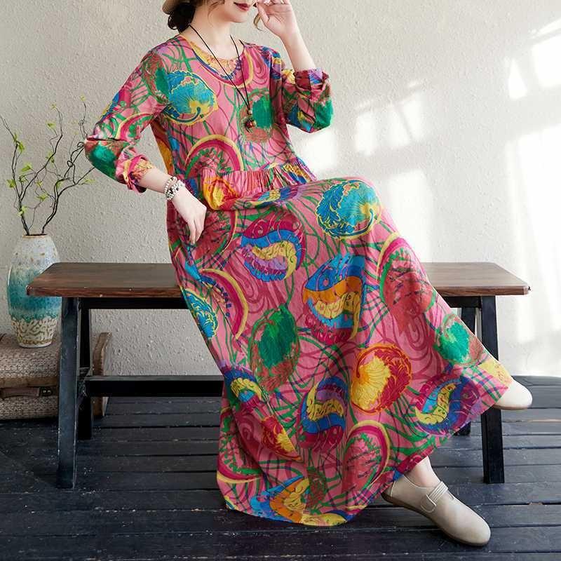 Large Size Summer Vintage Floral Loose Dress Flowing A-line Dress Women