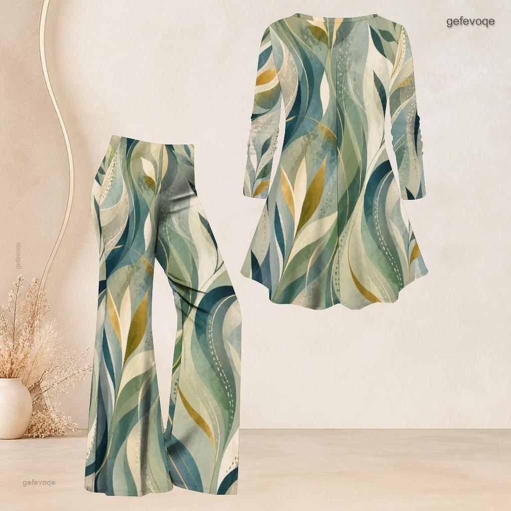 Women Plus Size Printed Round Neck Three Quarter Sleeve Flared Top And Flared Pants Two Piece Set
