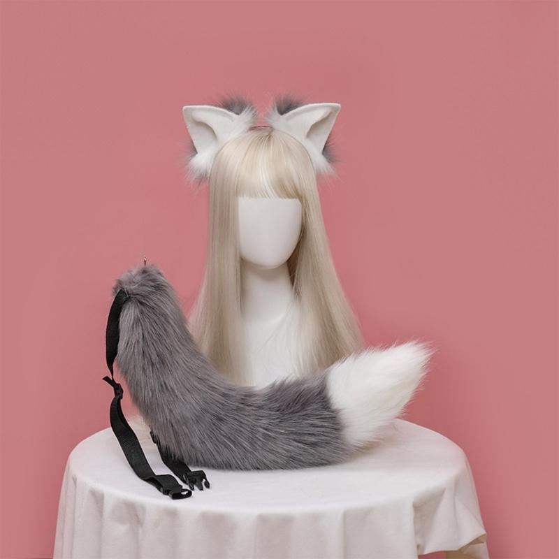 Lolita-Haarreifen mit Felltier-Motiv, Katzenohren, Schwanz-Set, Kawaii-Haarreifen für Halloween, Cosplay, Party-Accessoires