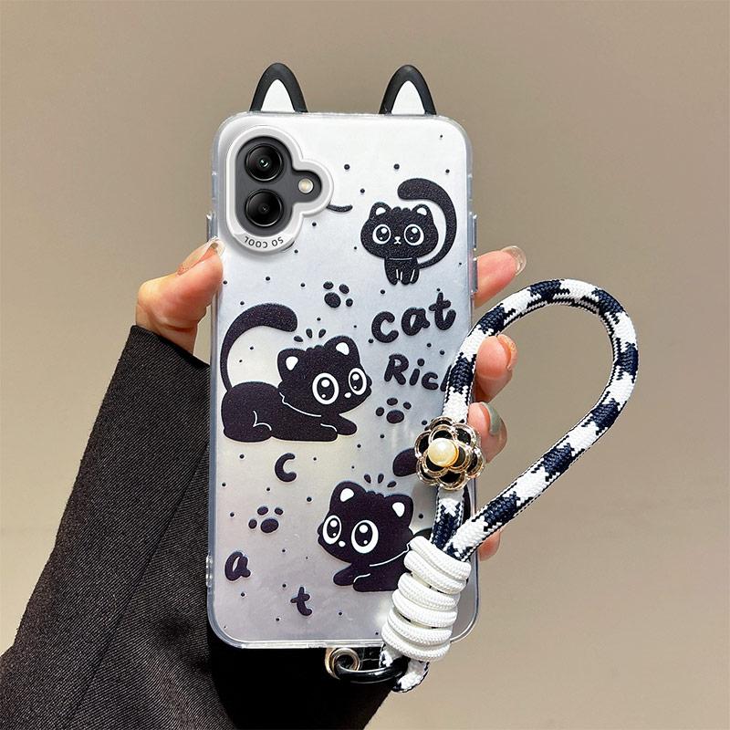 KEYSION Cute Ear Cartoon Case for Samsung A07 A06 4G A05 with Lanyard Soft Silicone+PC Shockproof Phone Cover for Galaxy A05 A06 A07