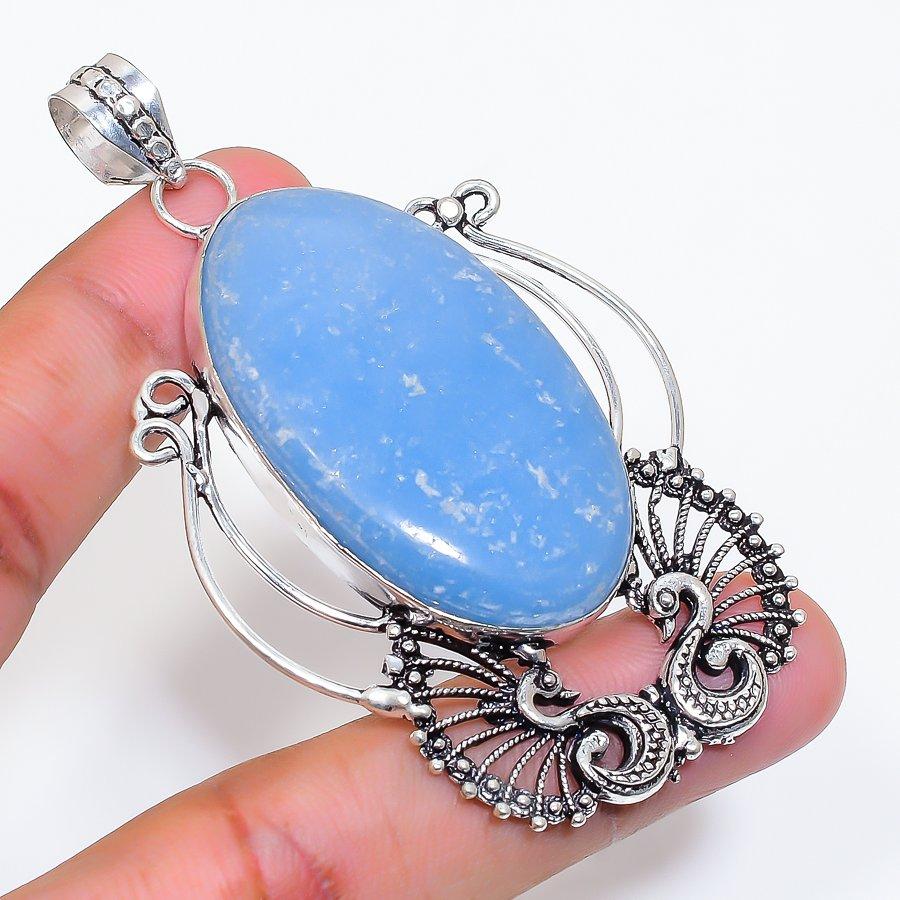 Natural Angelite Stone Gemstone 925 Sterling Silver Jewelry Pendant 2.96" AP-16583