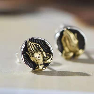 American Trend Retro Old Antique Silver Prayer Hand Niche Design High Sense Stud Earrings Men and Women