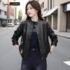 Women's Vintage Round Neck PU Leather Jacket