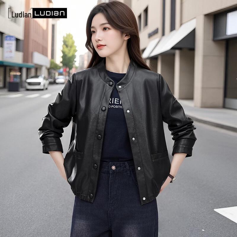 Women's Vintage Round Neck PU Leather Jacket