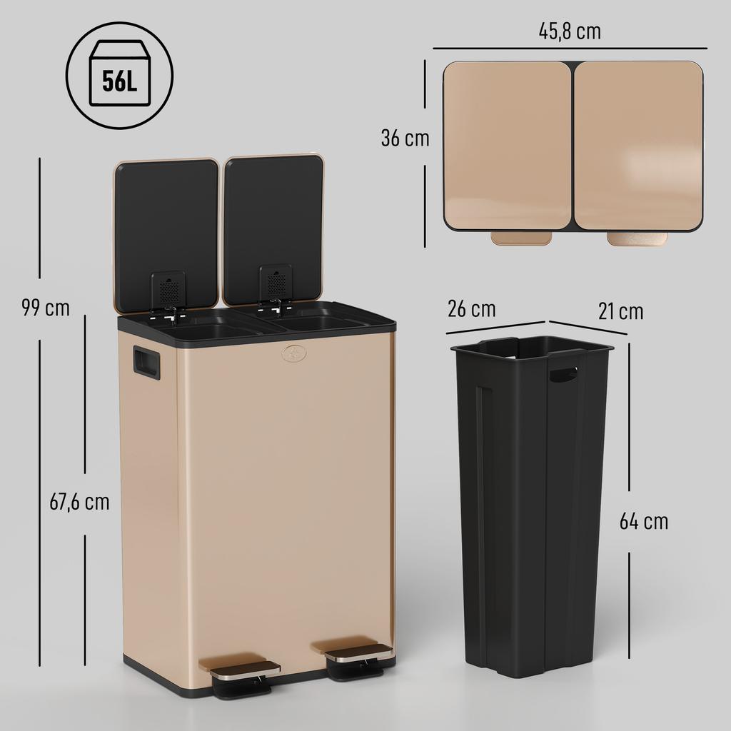 Kitchen Bin, 2-Compartment, 2 x 28 L, Stainless Steel, Soft-Close, 45.8 x 36 x 67.6 cm, Gold