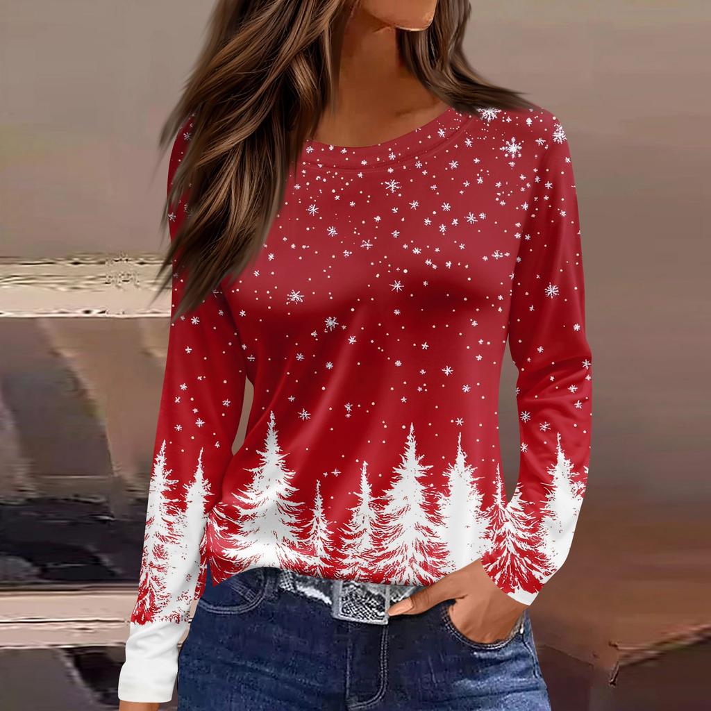 Damenmode Lässig Schlitzsaum Rundhals Langarm Locker Weihnachten Bedrucktes T-Shirt Damen Oberteil