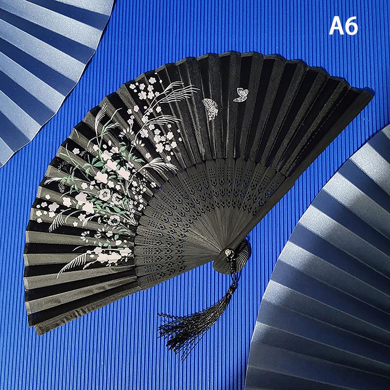 Vintage Chinese Style Folding Fan Bamboo Hand Fan Wooden Shank Classical Dance Fan With Tassel Elegent Female Fan Home Decor