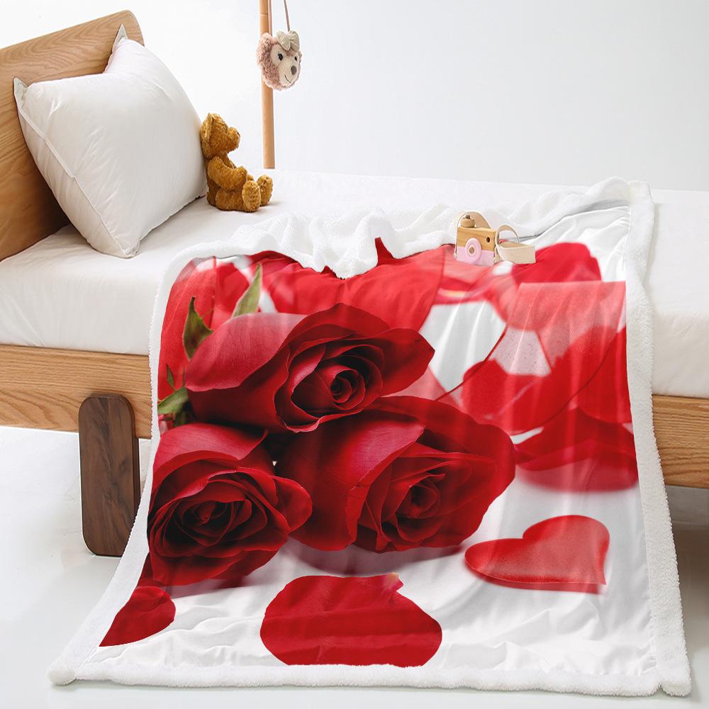 Valentine's Day Rose 2D Digital Printing Thickened Lamb Fleece Crystal Fleece Blanket One Piece Blanket