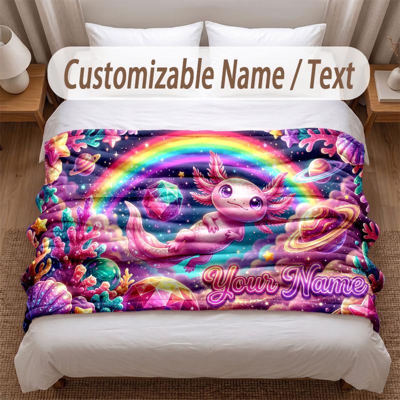 Axolotl Theme Soft Blanket Personalized Custom Name Text Print Warm Blanket Home Sofa Bedroom Decor